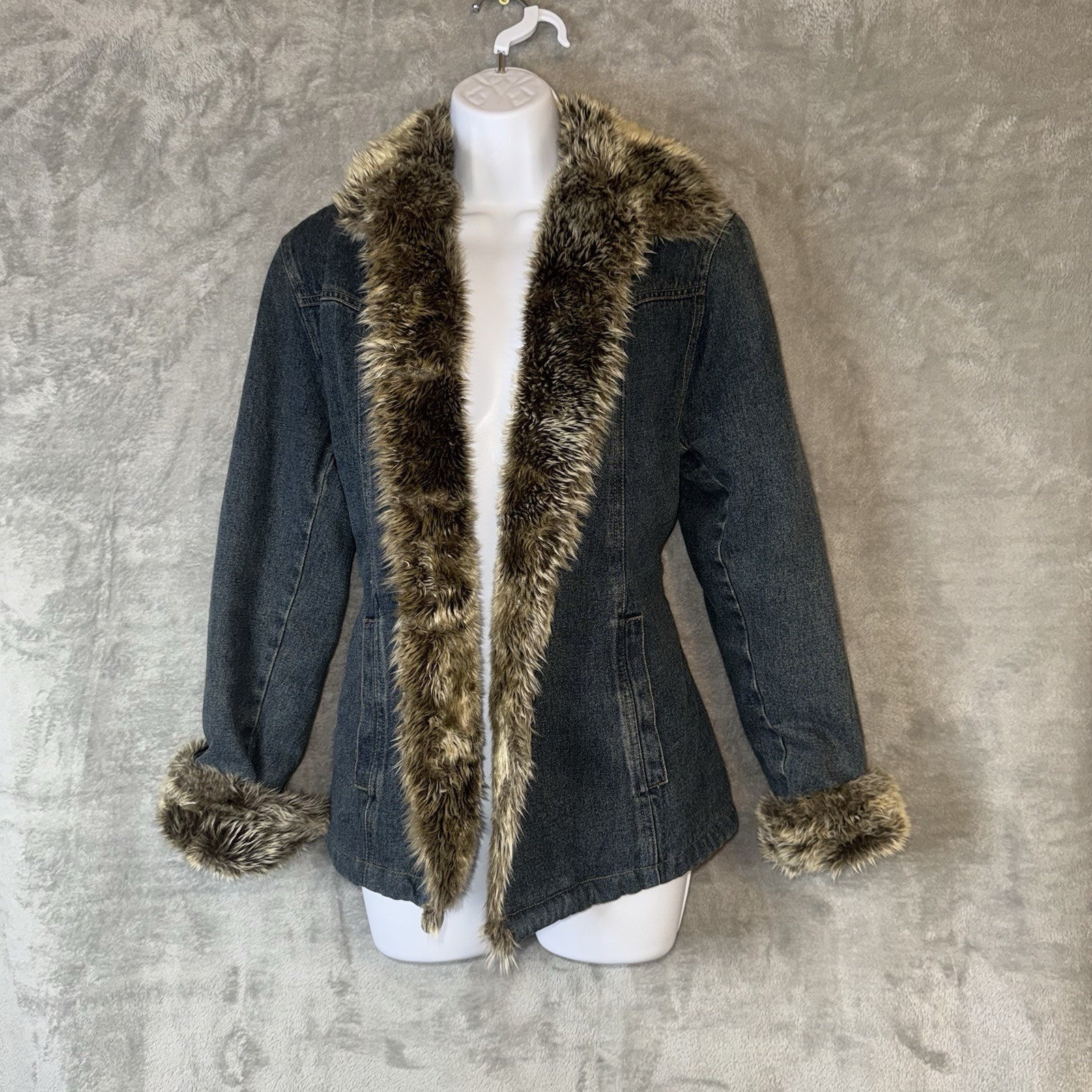 Vintage Esprit Denim Fur Trim Penny Lane Jacket Size M Y2k 90s Bratz Glam